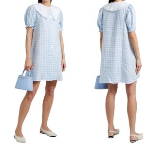 Sleeper Marie Lace-Trimmed Checked Linen Mini Dress Gingham Blue White Medium